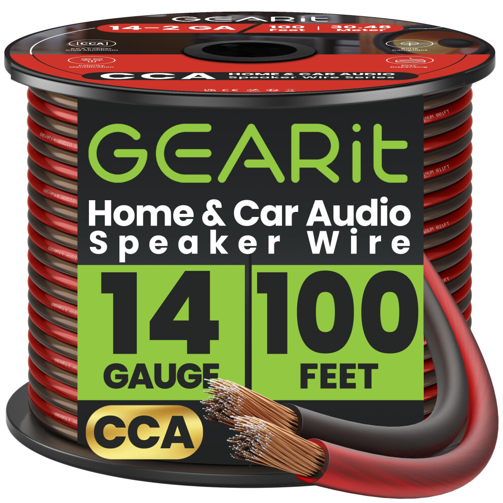 Gearit Speaker Wire Audio Cable Cca 2X2.5mm? (30.48 Meters - ) Copper Clad Aluminum - Great For Hi-Fi Home Theater And Car Speakers - 14 Gauge Black 5051222427828
