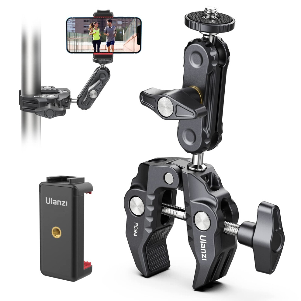 Ulanzi Super Clamp Camera Clamp Mount With Phone Holder And 360? Ballhead Magic Arm Adapter With 1/4" & 3/8" Thread 5051221782171