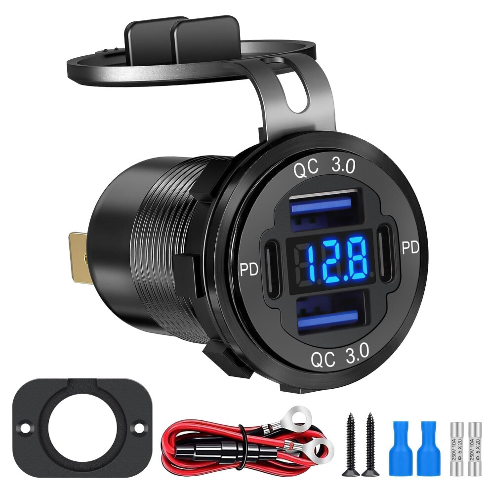 Linkstyle Usb Car Charger Socket, Dual 30W Pd & Dual 18W Qc3.0 Usb A Ports Charger Power Outlet Panel With Led Voltmeter For 12V/24V Rv Boat 5051221780467