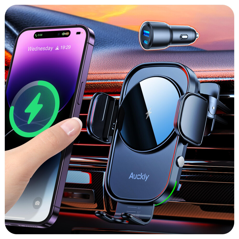 Auckly Qi 15W Car Phone Holder Wireless Charger,?+60W Cigarette Lighter?,Wireless Car Charger Air Vent Mount Compatible For S8~S25,For Iphone 12 13 14 5051222428948