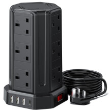 Tower Extension Lead 3M, [13A 3250W] 12 Way Tower Extension Lead Multi Plug Extension Sockets with 4 USB Slots, Surge Protector Extension Cable 3M for