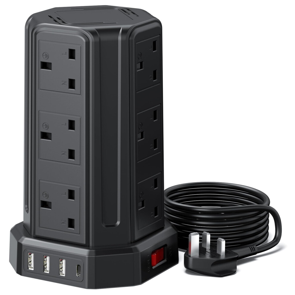Tower Extension Lead 3M, [13A 3250W] 12 Way Tower Extension Lead Multi Plug Extension Sockets With 4 Usb Slots, Surge Protector Extension Cable 3M For 5051222427767