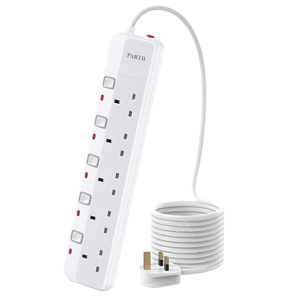 Parth 3M Surge Protected Extension Lead With Switches 5 Way Sockets Extension Lead Uk Power Strip With 3 Metre Extension Cord Wall Mounted 5 Gang Plug 5051222431429