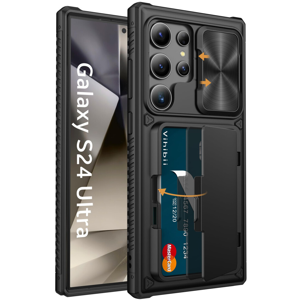 Vihibii For Samsung Galaxy S24 Ultra Case With Card Holder (4 Cards) & Sliding Camera Cover & Kickstand, Shockproof Rugged Hard Back & Tpu Edge Wallet 5051222430743