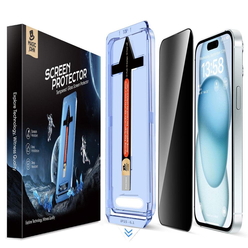 Magic John 2 Pack For Iphone 15 6.1 Inch Privacy Glass Screen Protector, Auto Dust-Elimination Installation, Bubble Free, Easy Installation 5051222431252