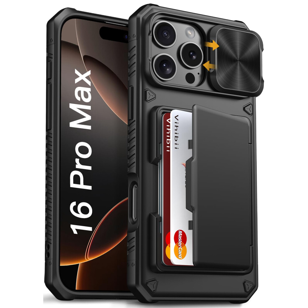 Vihibii For Iphone 16 Pro Max Case With Card Holder (4 Cards) [Rfid Blocking] & Slide Camera Cover, Military Grade Drop Protection, Rugged Hard Back & 5051222432167