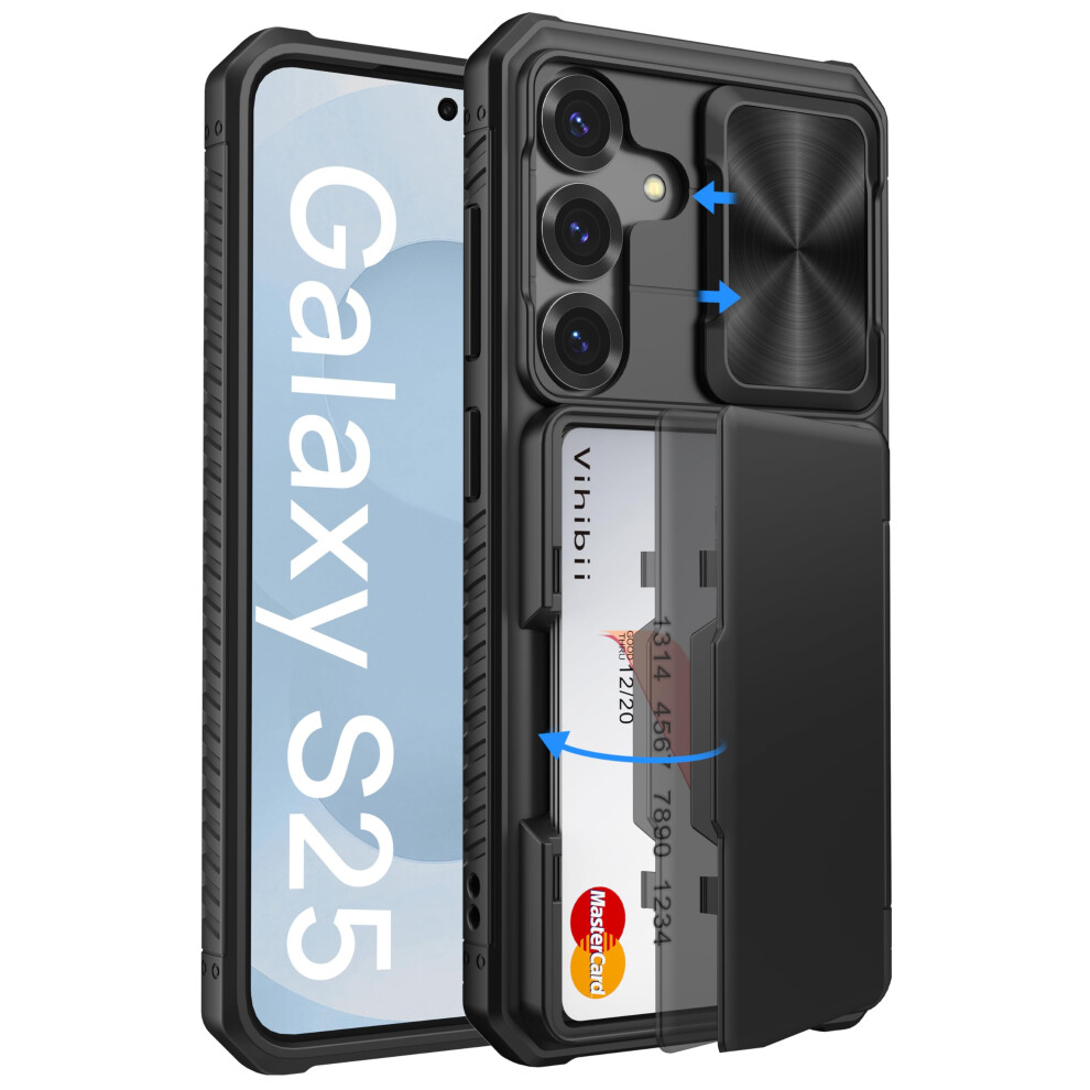 Vihibii For Samsung Galaxy S25 Case With Card Holder (4 Cards), [Rfid Blocking] & Slide Camera Cover & Military Grade Drop Protection, Heavy Duty 5051221786186