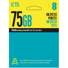 EE 75GB Data Sim includes ?15 pre-paid credit, 75GB Data, Unlimited Minutes & Unlimited Texts