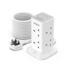 Tower Extension Lead 10M with USB C Slots, TESSAN 8 Way Multi Plug Extension Socket with Long Cable, Surge Protected Power Strip with Switch, for