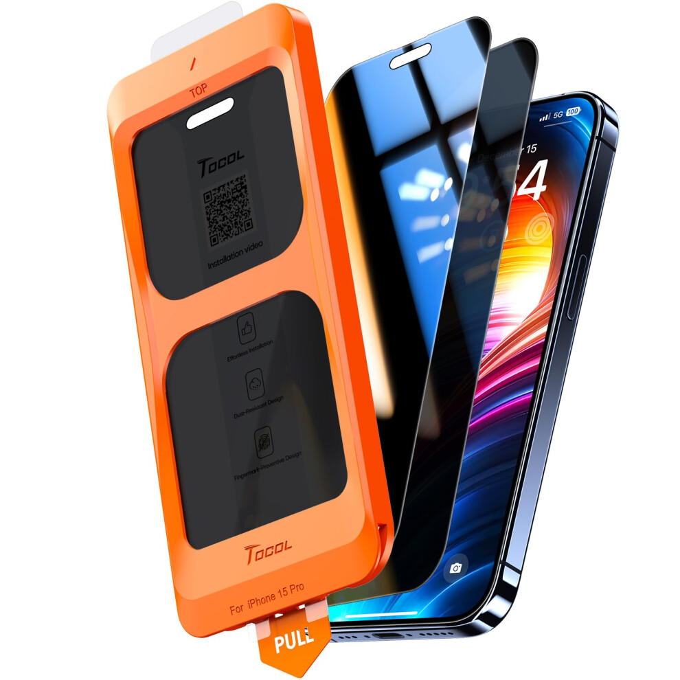 Tocol 2 Pack For Iphone 15 Pro Privacy Screen Protector 6.1-Inch, True 25?Anti Spy, Instant Installation, 16Ft Military Grade Shatterproof, Tempered 5051221790206