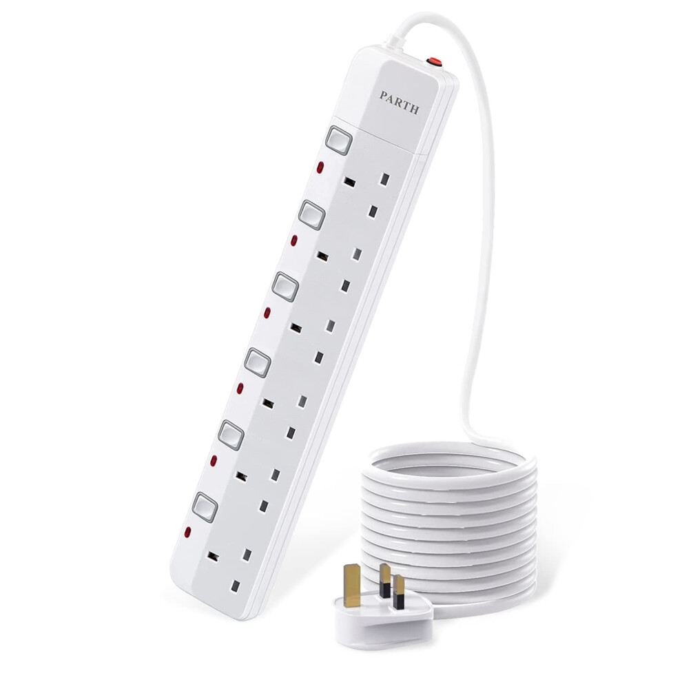 Photos - Electrical Wire & Cable PARTH Surge Protected Extension Lead 5M Long Cable 6 Way Extension Cord Power Strip with Switches UK Sockets 6 Gang Extensio