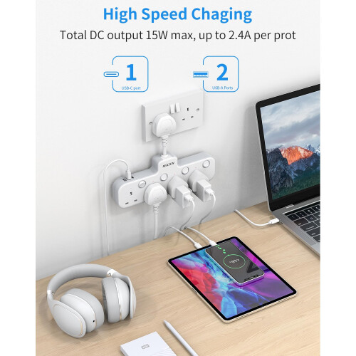 Mscien Multi Plug Extension Socket with USB, 4 Way Plug Adapter, Hanging Plug Extender with Switches for Home, Office, Multiplug Wall Socket Extension 2