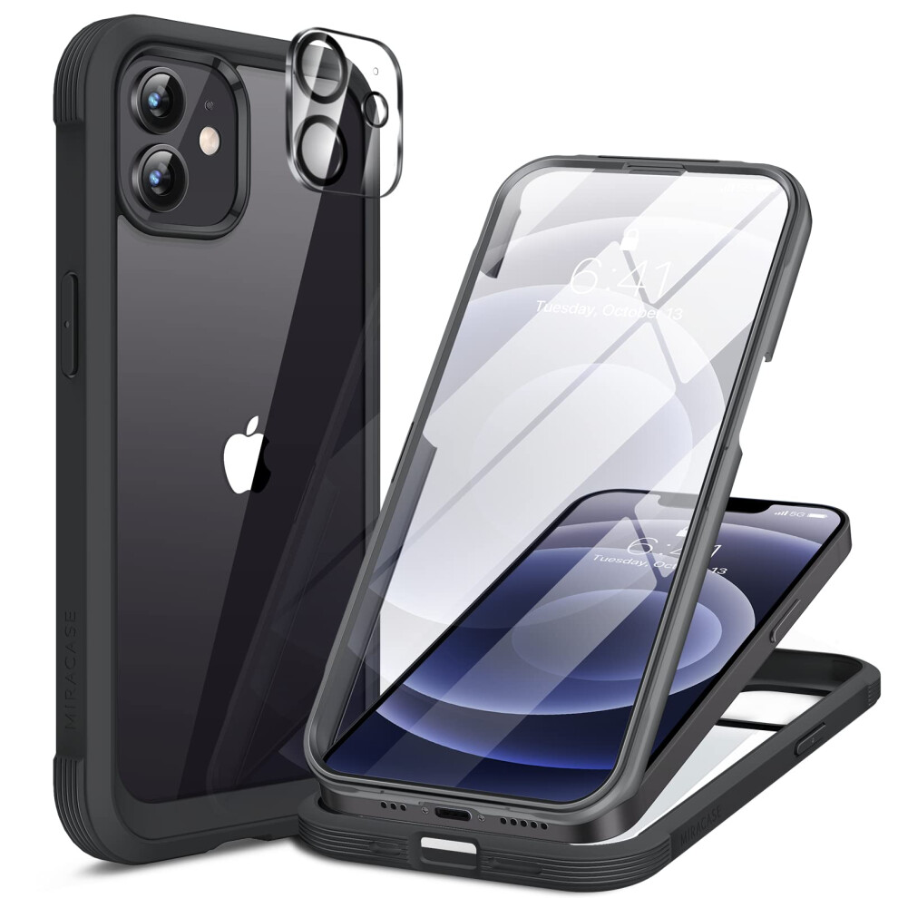 Miracase Compatible With Iphone 12/12 Pro Case 6.1 Inch, [Built-In Glass Screen Protector] Full Body Rubber Bumper Case Cover (Black) Black 5051222430729