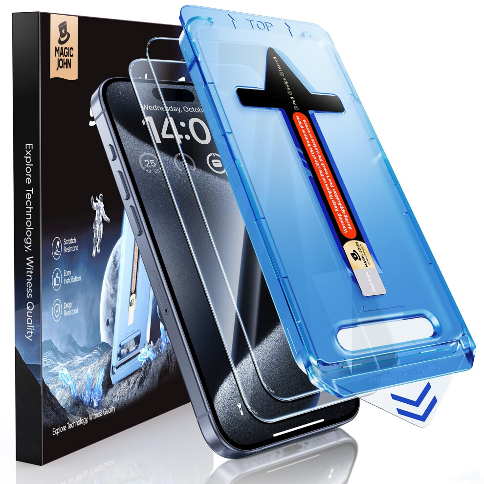 Magic John 2 Pack For Iphone 15 Pro Tempered Glass Screen Protector 6.1 Inch, Auto Dust-Elimination Installation, Bubble Free, Dynamic Island 5051222434475