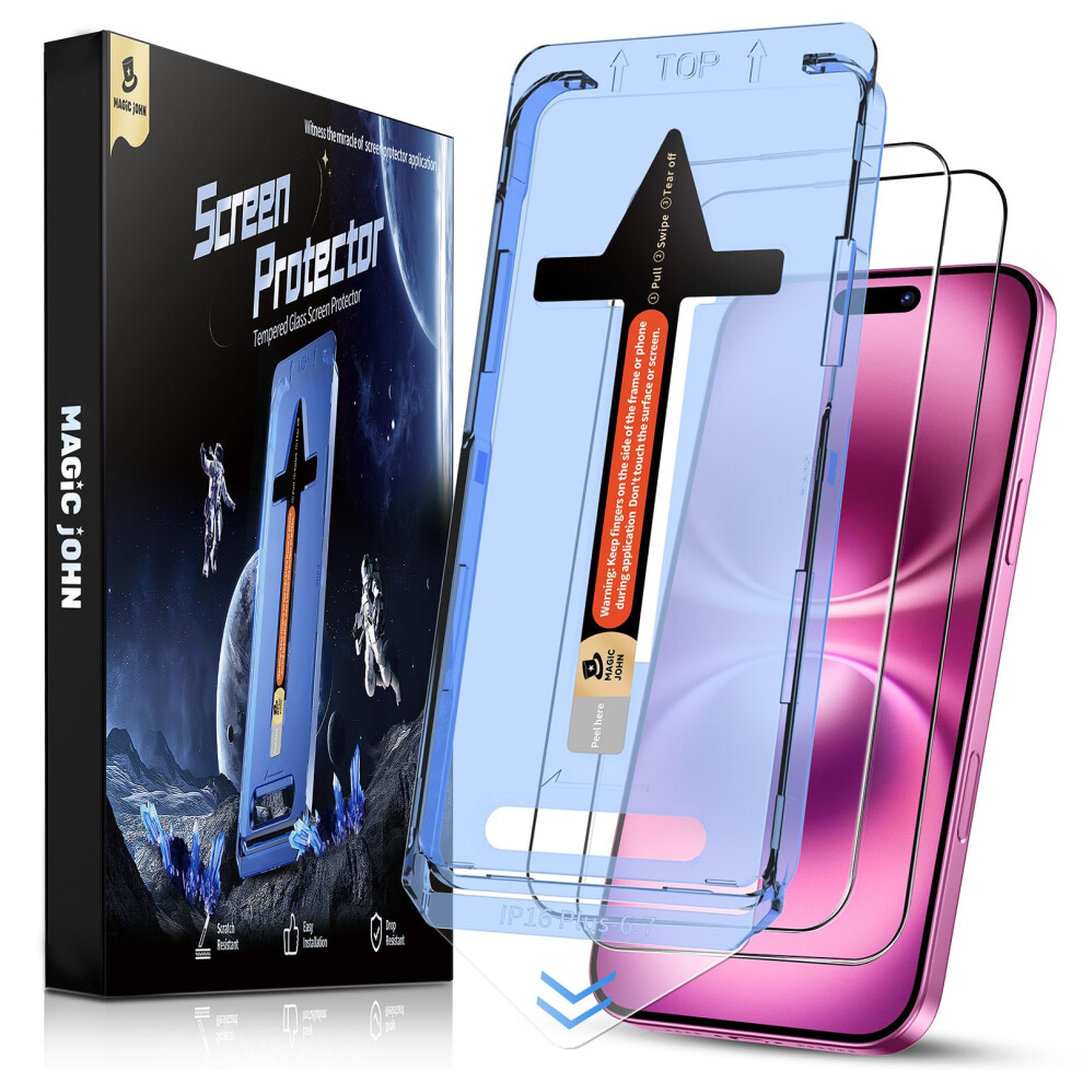 Magic John 2 Pack For Iphone 16 Plus Tempered Glass Screen Protector 6.7 Inch, Auto Dust-Elimination Installation, Bubble Free, Dynamic Island 5051222433942