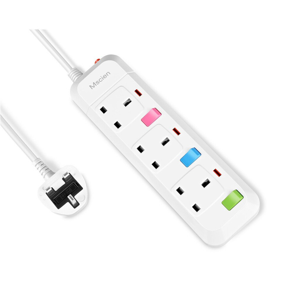 Mscien 3M Extension Lead Surge Protection 3 Way Individually Switched Power Strip With 3 Meter Extension Cord 2500W/10A?3 Gang-3M Cord 5051221799445