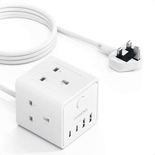 3M Extension Lead with 4 USB, 3 Way Multi Plug Extension Socket with 2 USB A 2 USB C, Desktop Power Extension Cable for Home Office