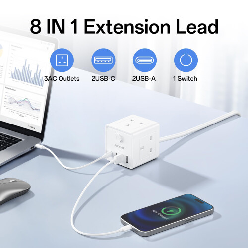 3M Extension Lead with 4 USB, 3 Way Multi Plug Extension Socket with 2 USB A 2 USB C, Desktop Power Extension Cable for Home Office 1