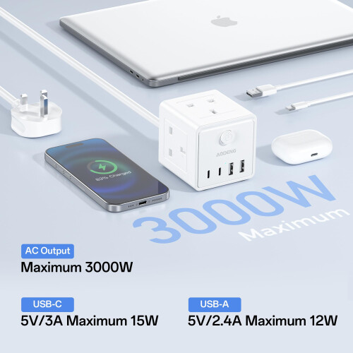 3M Extension Lead with 4 USB, 3 Way Multi Plug Extension Socket with 2 USB A 2 USB C, Desktop Power Extension Cable for Home Office 2