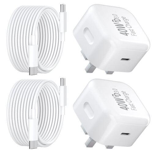 USB C Charger for iPhone 17 16 15 Charger 40W Fast Charger USB C Plug and Cables 3M, 2Pack Type C UK Wall Phone Power Adapter USBC Lead for iPhone 17