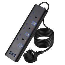 Extension Lead with USB Slots, 13A 3250W Surge Protected Extension Lead Power Strip with Switches, 3 way Extension Cord for Home, Office and Travel