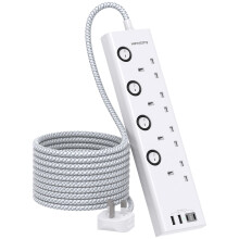 3M Extension Lead, 4 Way Extension Socket with 4 USB Slots(2 USB C), Individually Switched, Extension Cable 3M, Wall Mount Extension Cord, Desk Power