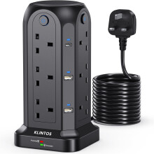 Tower Extension Lead 5M, 12 Way Surge Protection With 4 Individual Switches, 6 USB Slots (2 Type C & 4 USB A), Black Tower for Home, Office