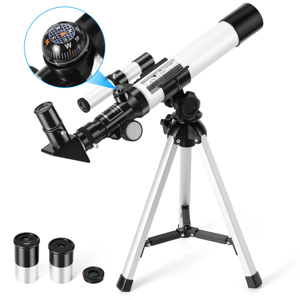 Uverbon White Telescope For Kids, F40040 Astronomical Telescopes With Finder Scope Compass And Tripod Refractor Telescope For Kids And Beginners