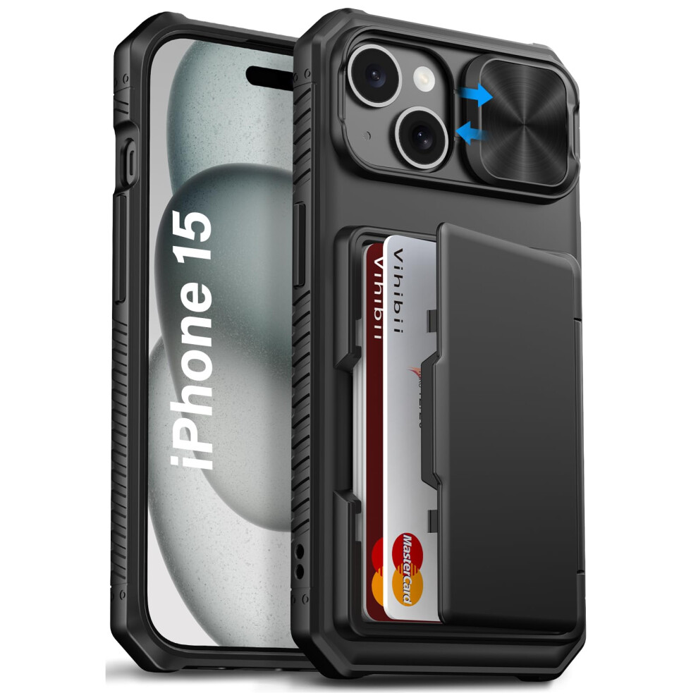 Vihibii For Iphone 15/Iphone 14/Iphone 13 Case With Card Holder (4 Cards) [Rfid Blocking] & Slide Camera Cover, Military Grade Drop Protection, Rugged 5051222431436