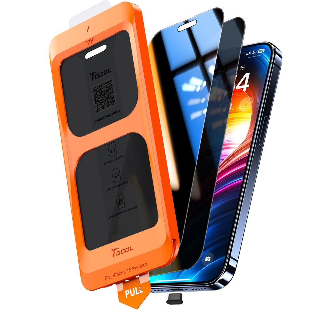 Tocol 2 Pack For 15 Pro Max Privacy Screen Protector 6.7-Inch, True 25?Anti Spy, Instant Installation, 12Ft Military Grade Shatterproof, Tempered 5051221800769