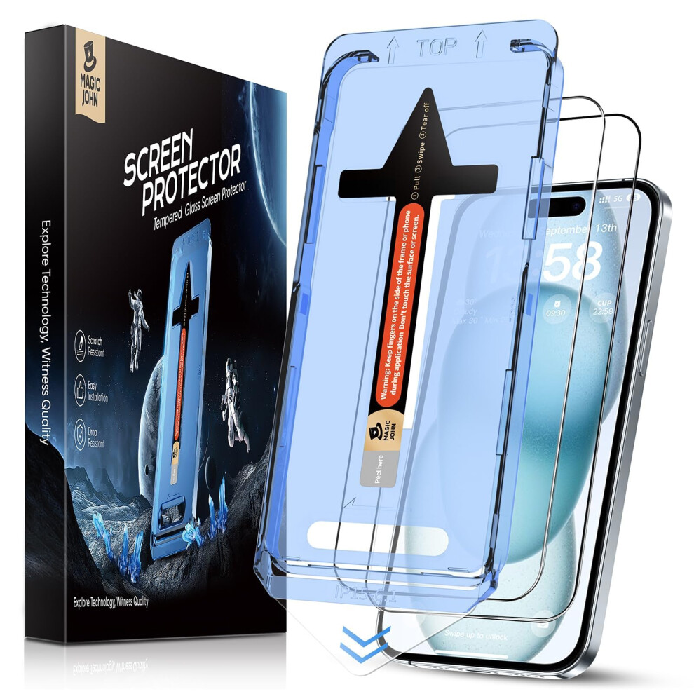 Magic John 2 Pack For Iphone 15 Tempered Glass Screen Protector 6.1 Inch, Auto Dust-Elimination Installation, Bubble Free, Dynamic Island Compatible, 5051222437322