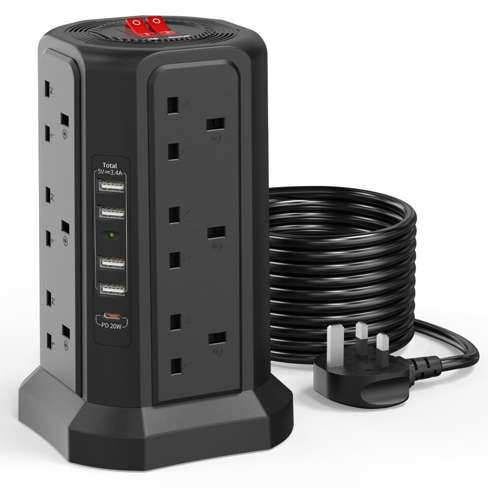 Tower Extension Lead 5M With Usb Slots And Pd 20W Usb C Fast Charger, (13A 3250W) 5 Usb Ports And 12 Way Surge Protection Extension Tower, Black 5051222437414
