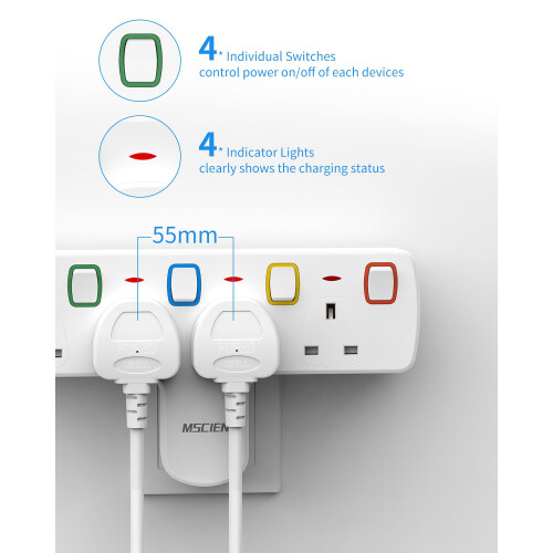 Mscien Plug Extension Socket, Multi Plug Adaptor 4 Way with Individual Switches, Adapter plug UK Turn 1 into 4, Wall Socket Plug Extender without 2