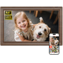 Frameo WiFi Digital Photo Frame 15.6 Inch Wooden - 1920 * 1080P FHD IPS Touch Screen Picture Frame Electronic, 64GB Memory, Auto Rotate, Wall