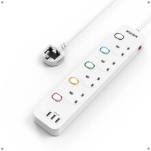 Mscien Extension Lead 1M with USB Slots 4 Way Wall Mounted, 1M Extension Lead Switched with Multiple Protection, Fused Power Strip 4 Sockets White,