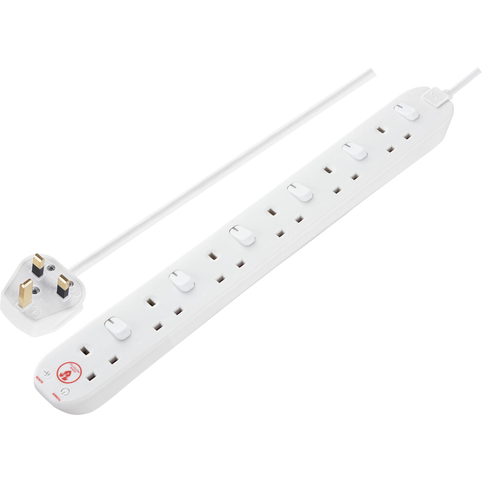 Photos - Electrical Wire & Cable Masterplug Six Socket Extension Lead, 2 Metre Cable, Surge Protection, Individual Switches, Power and Surge LED Indicators,