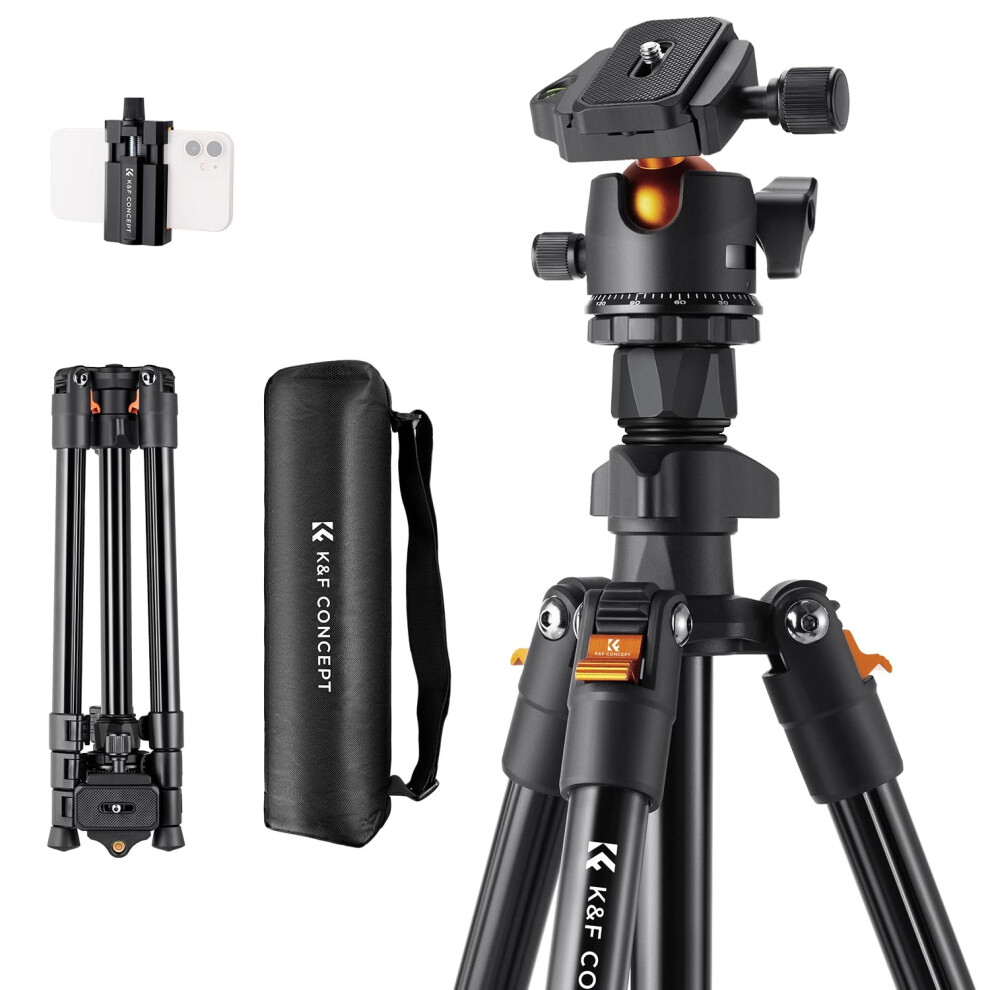 K&F Concept 64Inch/163Cm Camera Tripod, Lightweight Aluminum Travel Outdoor Tripod With Ball Head Load Capacity 8Kg, Phone Holder, For Dslr Cameras 5051221804347