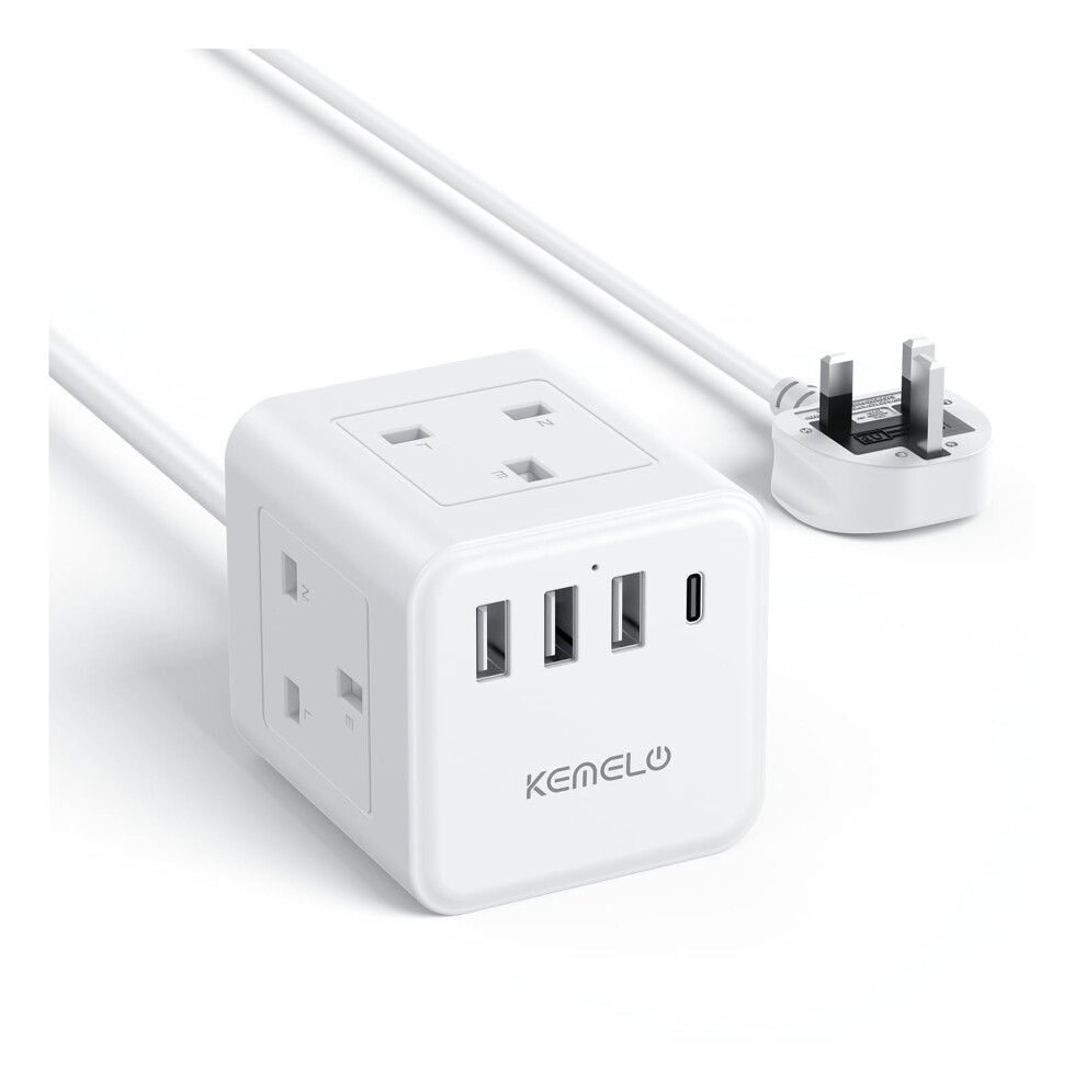 Cube Extension Lead With 4 Usb Slots, Kemelo 4 Way (13A/3250W) Multi Plug Extension Cable With Child Safety Uk Desktop Power Extension Socket,1.5M 5051222439975