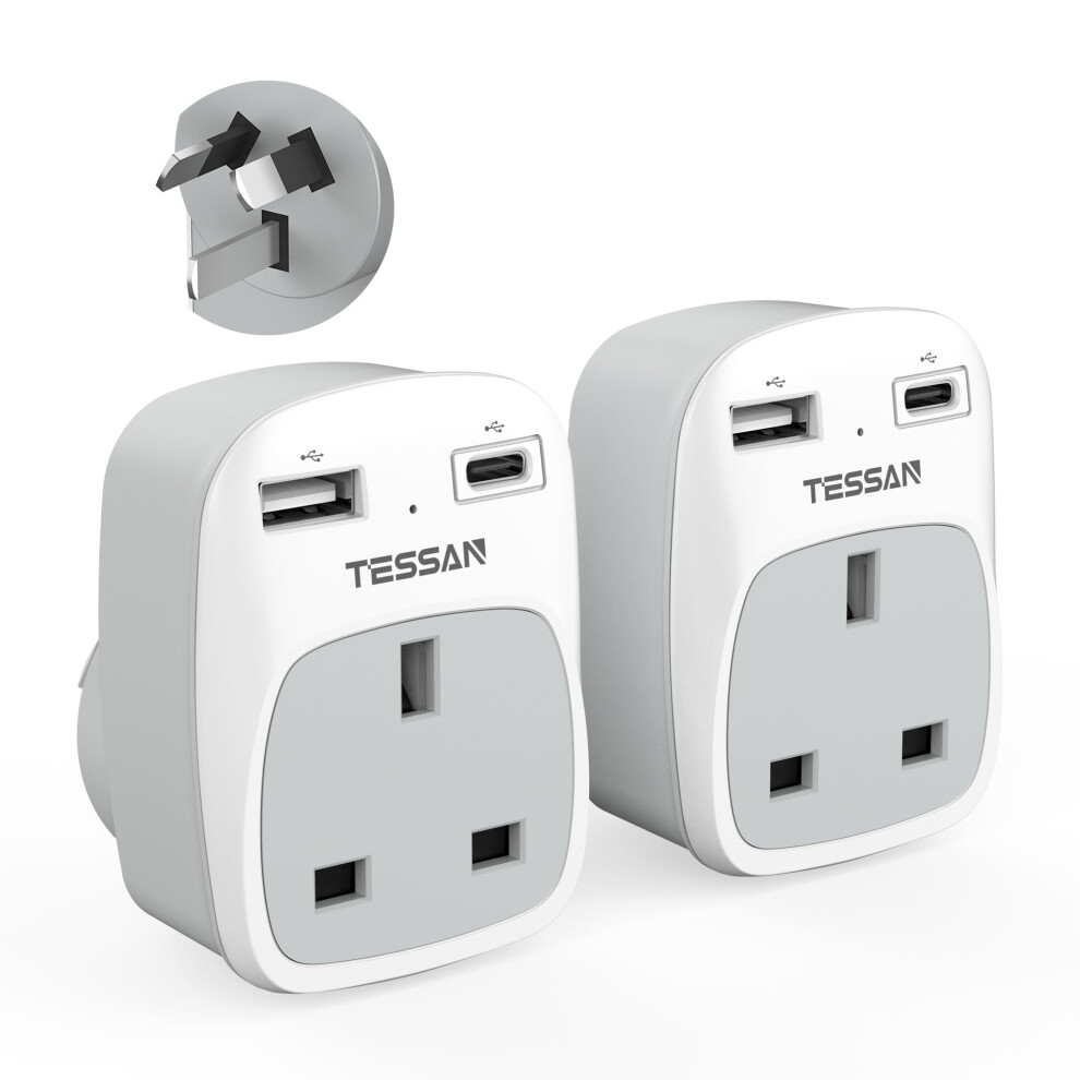 Australian Plug Adaptor From Uk 2 Pack, Tessan Au Aus Nz Plug Travel Adapter With 2 Usb Ports, Grounded Power Adapter To Australia China Fiji 5051222438176