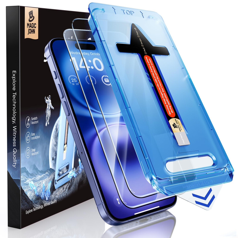 Magic John 2 Pack For Iphone 16 Tempered Glass Screen Protector 6.1 Inch, Auto Dust-Elimination Installation, Bubble Free, Dynamic Island Compatible, 5051221805726