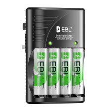 EBL AA Rechargeable Batteries 2800mAh 4-Pack and Smart Battery Charger with AC Wall Plug for AA AAA Ni-MH Ni-CD Rechargeable Batteries and 9V
