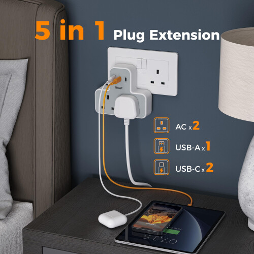 USB C Charger Plug Adapter UK, TESSAN Double Plug Extension Socket with Fast Charger, Multi USB Charging Station, MultiPlug Extender Compatible for 2