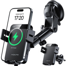 MOKPR Car Phone Holder Wireless Charger, 15W Wireless Car Charger Auto Clamping, Car Phone Holder for Air Vent/Dash/Windshield for iPhone