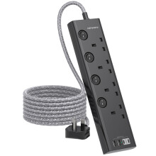 Black Extension Lead with 4 USB Slots(2 USB C), 4 Way Plug Extension Socket with Individual Switches, 1.8M Extension Cable, Desk Power Strip for
