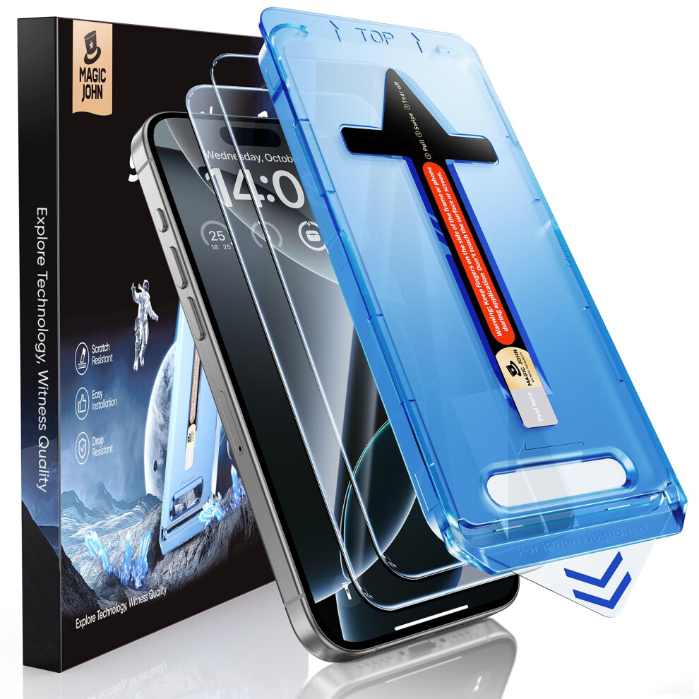 Magic John 2 Pack For Iphone 16 Pro Max Tempered Glass Screen Protector 6.9 Inch, Auto Dust-Elimination Installation, Bubble Free, Dynamic Island 5051222440414
