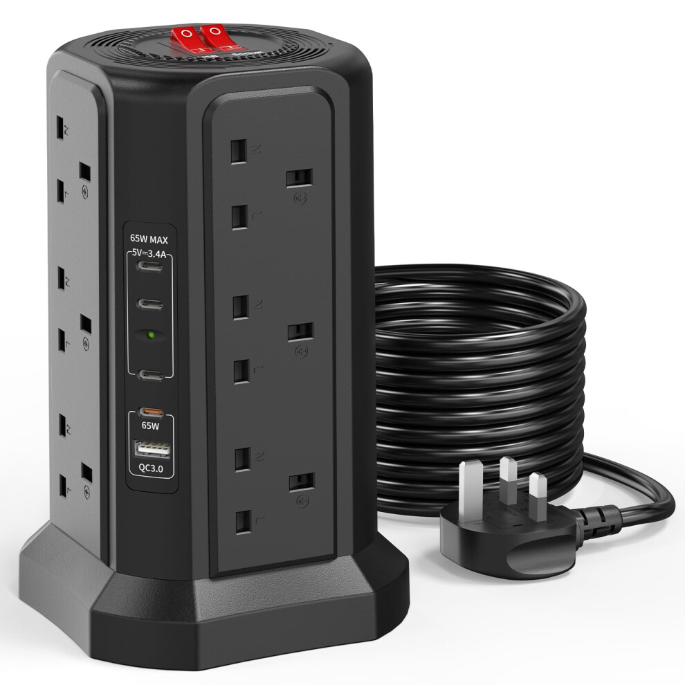 Photos - Electrical Wire & Cable Tower Extension Lead 3M with USB Slots and PD 65W USB C Fast Charger, 5 USB Ports and 12 Way Surge Protected Extensio(4C1A)