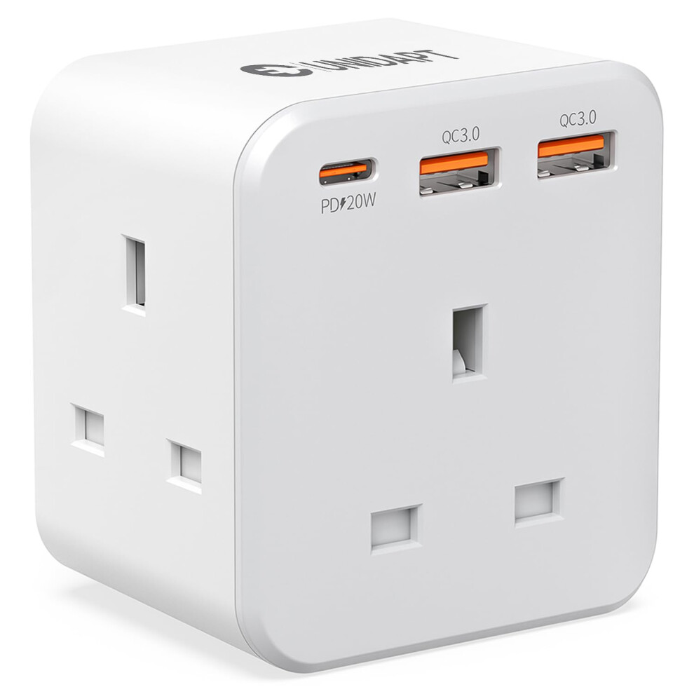 Unidapt 3 Way Plug Adaptor With 3 Fast Charge Ports, Multi Plug Extension With Pd 20W Usb-C And 2 Usb-A Qc 3.0, 13A Uk Plug Extender Socket, Triple 5051221806853