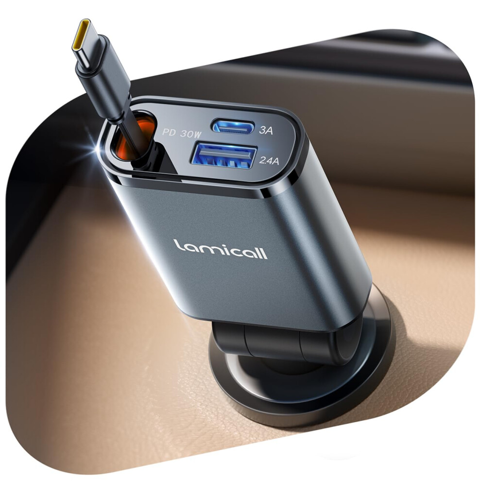 Lamicall 3 In 1 Retractable Car Charger Adapter -?2025 Ultra Compact?57W Cigarette Lighter Usb Charger, Car Phone Charge With Retractable Type-C 5051222438473
