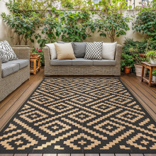 GENIMO Outdoor Rug 150x240cm ? Reversible Waterproof Garden Carpet, Washable Plastic Patio Mat for Picnic, Decking, Camping, Backyard ? Black & Brown