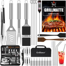 Grilliance 30pcs Stainless Steel Grill Tools Set for Men Gift Birthday, Heavy Duty BBQ Accessories Kit with Bag and Grill Mat, Portable Grilling